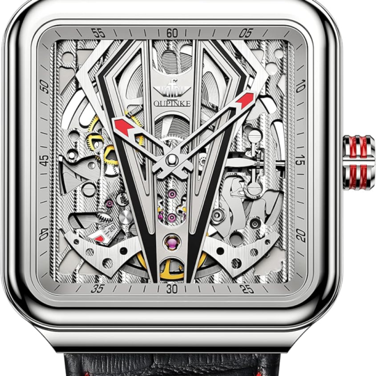 OUPINKE Silver Men'S Automatic Mechanical Leather Watches Luxury Dress Self Winding Wrist Watches