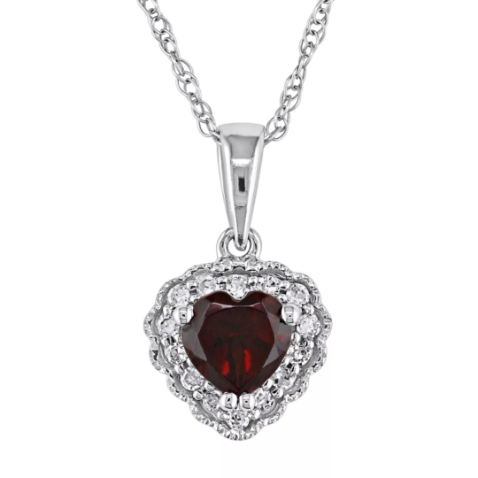 10K White Gold Garnet & Diamond Accent Heart Pendant Necklace
