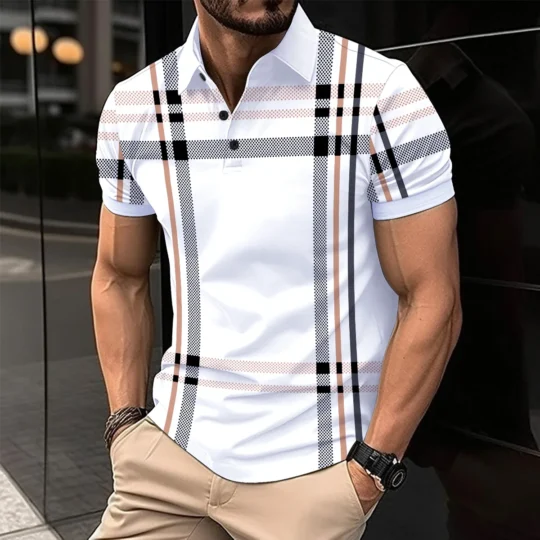 Best Selling Men Polo Shirt Stripe Printing Turn Down Collar Button Top Short Sleeve Summer Casual Men's Clothing Polo Shirts