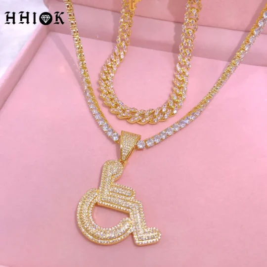 Disabled Wheelchair Logo Pendant Necklace 18K Gold Plated Inlaid Hip-hop Zircon Creative Wheelchair Pendant