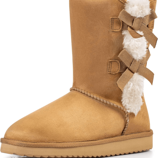 Womens Suede Snow Boots Mid-Calf Winter Shoes with Side Bows