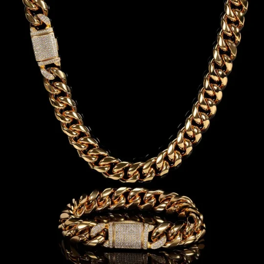 12mm Miami Mens Cuban Link Chain Necklace 316L Stainless Steel Gold Plated Necklace for Women with Full Iced Clasp