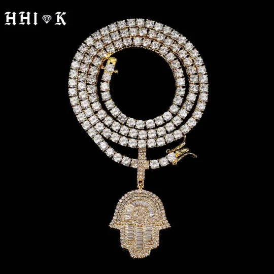 5A CZ Pave Hamsa Small/Big Hand Charm Bling Iced Out Fatima Pendant Necklace For Women Hip Hop Jewelry