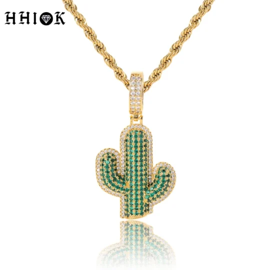 Fashion Full Diamond Zircon Pendant Necklace Green Natural Plant Solid Cactus Hip Hop 18k Gold Plating Pendant Men's Jewelry