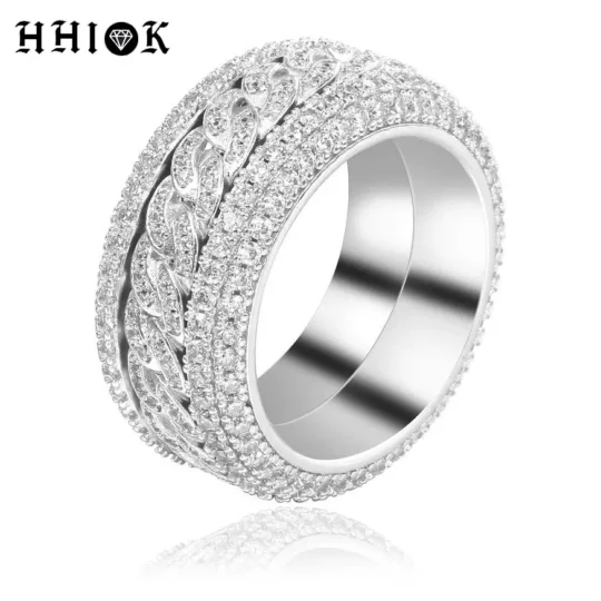 Fashion Iced Out Rotating Ring Silver Gold Color Cubic Zirconia Eternity Bling Cuban Link Chain Ring for Mens Womens