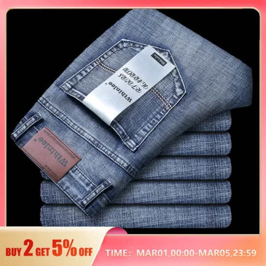Wthinlee New Business Men's Jeans Casual Straight Stretch Fashion Classic Blue Black Work Denim Trousers Male Brand Clothing
